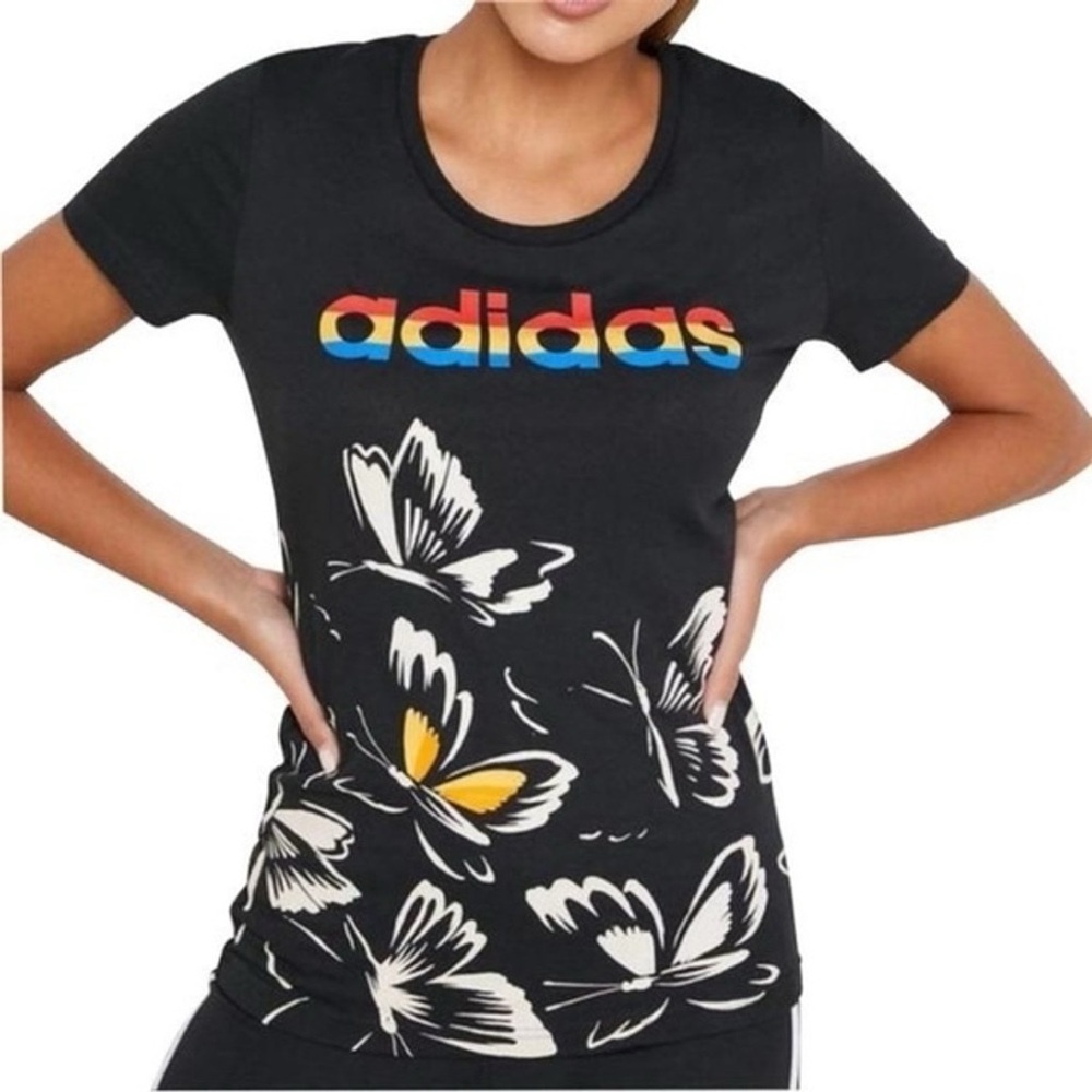 Adidas Black Tee with Colorful Butterfly Design